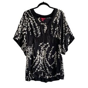 MONSOON Silk Printed Popover Tunic Blouse Black Cream 44